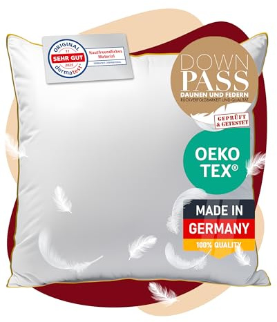 EVAN BROWNS 3-Kammer Daunenkissen 80×80 Made in Germany | Stützender Federkern • Weiche Federn & Daunen • 100 % Baumwollbezug • DOWNPASS