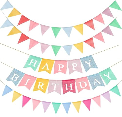 Happy Birthday Banner & 3 Pcs Rainbow Birthday Bunting, 35 ft Reusable Pastel Fabric Colorful Bunting Flag for Home Outdoor Party Decoration, Home, Garden