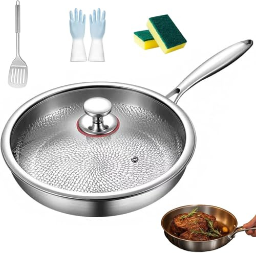 Padella in titanio martellato con coperchio, pentolame antiaderente e antigraffio, distribuzione uniforme del calore ultra resistente per una cottura e una rosolatura perfette, 26 cm/10,24 p