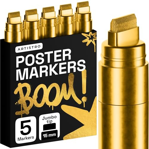 ARTISTRO 5 Gold Paint Pen for Rock, Glass, Ceramic, Wood, Tire, Fabric, Metal, Canvas, Marking, Painting - Set of 5 Acrylic Paint Markers Water-based - Jumbo Tip