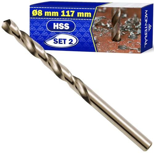 2 x HSS-borr för hårdmetall, Ø 8 mm, 117 mm, i härdat stål, M35, 5 % kobolt | Hård metallborr kan användas för järn stål, icke-järnmetaller, MONTERAL