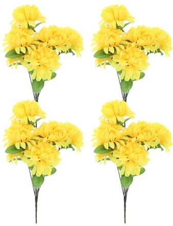 SHINYPASING Künstlicher Chrysanthemen Blumenstrauß 4 Stück Bund Gelb Realistische Friedhofs Deko für Grabsteine und Gedenkzeremonien Wetterfeste Grabblumen