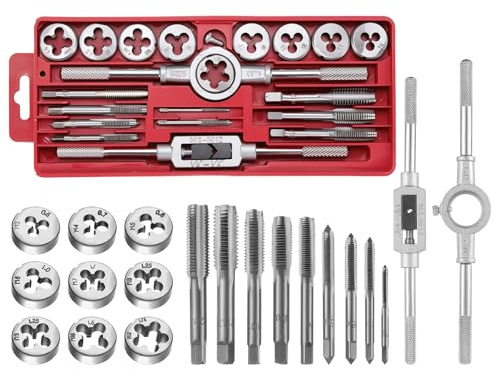 Faankiton Juego de Machos y Terrajas M3-M12, Juego de Machos y Troqueles, Juego de Herramientas para Roscar, Juego de Machos y Matrices, Juego de Grifo y Troqueles con Llaves (20 Piezas, Rojo) | Juego de machos de roscar M3-M12 con taladro, juego de machos de roscar métricos para rosca interior y exterior