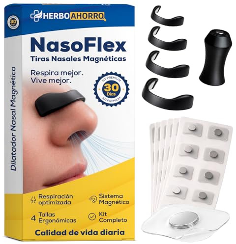 Tiras Nasales Magnéticas - Dilatador Nasal Antirronquidos para Dormir y Deporte, Adhesivo Hipoalergénico, Mejora Respiración y Oxigenación - 60 Parches (30 Días), 4 Tallas y Aplicador - HerboAhorro®