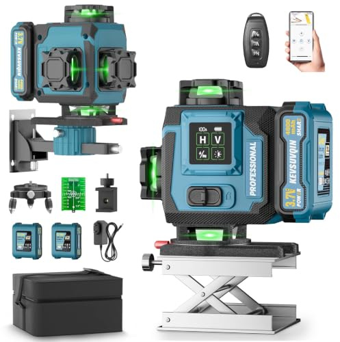 Kevsuvqin Nivel Laser,Nivel Laser Autonivelante 360 Grados con 2x4800mAh Batería & Pantalla LED Grande,Nivelador Laser 4x360 °, 4D 16 Líneas Laser Verde/APP/Control Remoto para Construcción