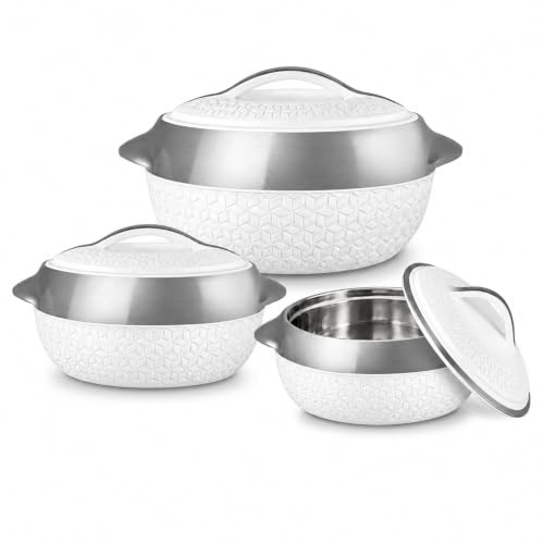 Milton Matrix Insulated Hot Pot Set 3 Piece, 2.5L 3.5L 5L Thermal Food Warmer Casserole Serving Bowls with Lids, Stainless Steel Inner, Grey Hot Pots for Rice Curry Soup Family Meals