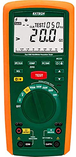 Extech MG320 Insulation Resistance Tester and True RMS Multimeter | Insulation to 20 GOhm, 5 test voltages 50-1000V, PI/DAR, True RMS DMM to 600V, continuity, CAT IV 600V