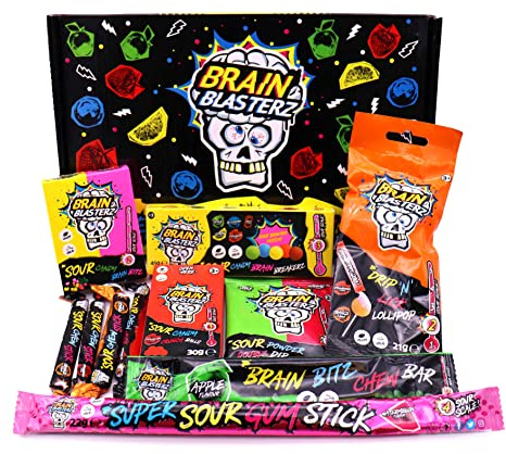 Brain Blasterz Sour Candy klein Geschenkbox, Brain Breakerz, Kauriegel, Lollipops, Sauerkergummi, Apfel, Erdbeere, Wassermelone, Cola, Zitrone, Orange, Halloween Süßigkeiten