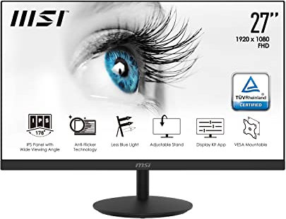 MSI PRO MP271 Monitor Professionale Flat 27, Display 16:9 Full HD (1920x1080), Frequenza 60Hz, Tempo di risposta 5ms, Pannello IPS antiriflesso, collegamenti 1x HDMI e 1x VGA, VESA 100x100mm