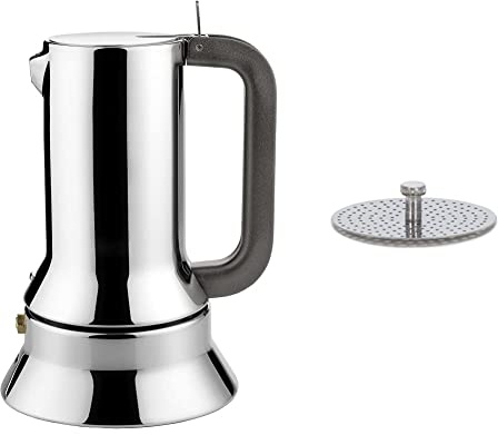 Alessi Espressomaschine 3.Tassen für Induktion Edelstahl, silber, 7 x 11.5 x 14 cm, 9090/3 & 17605/R Reduzierstück für Kaffeemaschine, grau