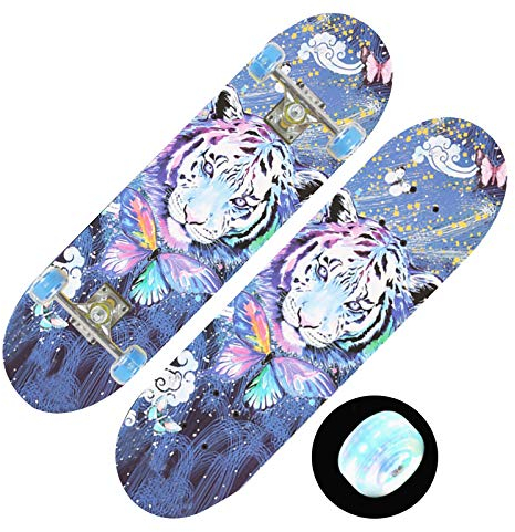 LED Kids Skateboard 28 Zoll Maple Mini Cruiser Skateboard Deck, LED Flashing Skateboard für Kinder von 6-15 Jahren,Tiger