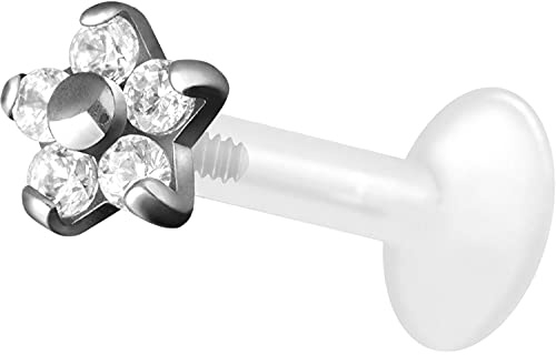 PIERCINGLINE PTFE Labret mit Innengewinde | TITAN AUFSATZ KRISTALLBLUME| Piercing Lippe Nase Ohr Helix | Farb & Größenauswahl