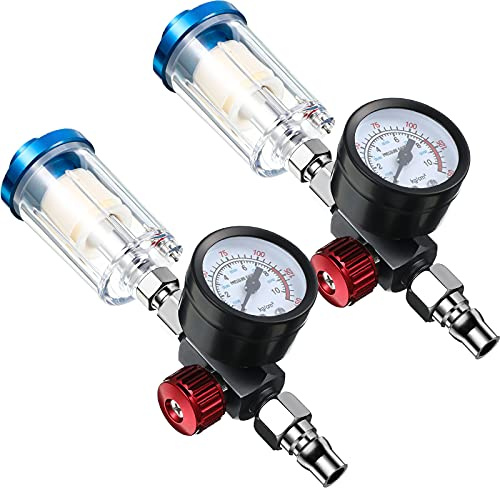 1/4 Inch Air Adjusting Regulator Valve with Pressure Gauge and Water Trap Filter, 2 Packs, Oil Separator Water Pressure Regulator Air Compressor Regulator for Air Spray Paint Gun Air Pressure Cleaner