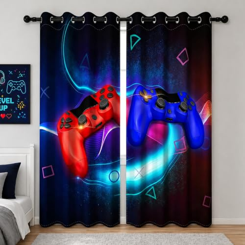 YONGFOTO Cortinas Opacas Gamer para Habitación Infantil Niño Mando Esports | Rojo Neón Azul Videojuego Mando Gaming Cortinas Térmicas para Dormitorio Juvenil con Ojales 2 Paneles 117 x 138 cm