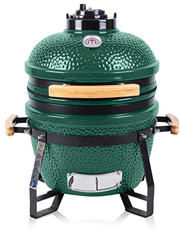 Fire Mountain 15 Inch Mini Ceramic Kamado BBQ Grill, Portable Egg Style Charcoal Barbecue with Stand, Built-In Thermometer & Adjustable Vents, Includes Fitted Cover, Green
