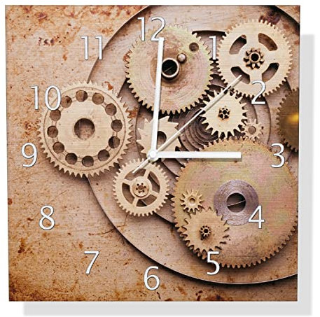 Wallario Design Wanduhr Zahnräder Einer Alten Uhr im Alten Stil aus Aluverbund, Alu-Uhr Größe 30 x 30 cm, weiße Zeiger mit Metalloptik