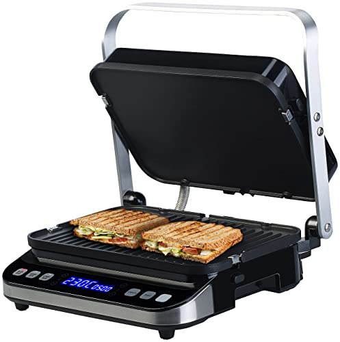 Rosenstein & Söhne Tischgrill: Digitaler Panini-, Sandwich- & Kontaktgrill, Timer & Memory, 2.000 W (Griller, Plattengrill, Grillspiesse)