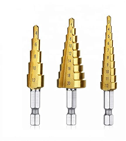 Fongmore 3 x 6,35 mm Sechskantschaft, Schnellwechsel, Hochgeschwindigkeitsstahl, Titan, Stufenbohrer, kurze Länge, Bohrer für Lochbohrungen, 3–12 mm, 4–12 mm, 4–20 mm
