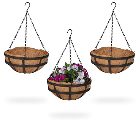 Relaxdays Blumenampel 3er Set, Kokoseinlage, HxD: 50x31 cm, Hängepflanzen, innen & außen, Metallgestell, braun/schwarz