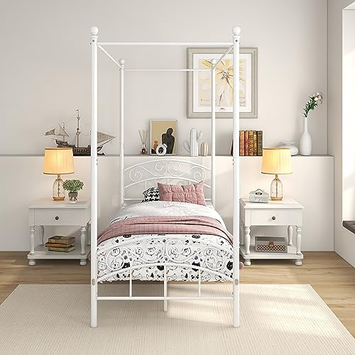 JELUTE Struttura letto a baldacchino per letto singolo, con testiera e pediera, in acciaio robusto, si adatta perfettamente al materasso, facile montaggio fai da te, bianco