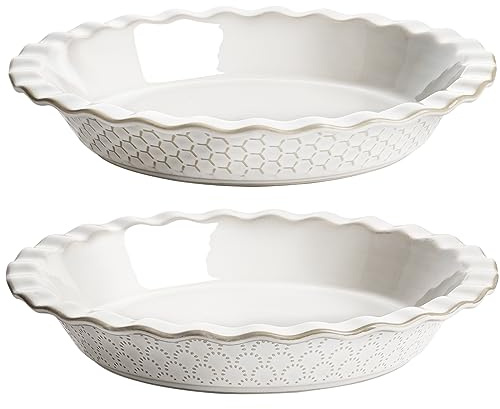 LE TAUCI Pie Pans for Baking 9 Inch, Ceramic Pie Plate for Apple Pie, Round Baking Dish Oven Safe, Embossment Housewarming Wedding Present - 36 OZ, Set of 2, Fireworks + Honey Comb, Arctic White