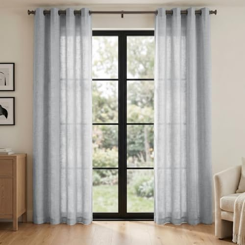 Melodieux Gardinen mit Ösen - Ösenvorhänge Grau Leinen Optik Halbfrei Vorhänge 2er Set, 260x140cm, Gardinenschals Fenster Gardine Verdunkelung Thermovorhang Hitzeschutz