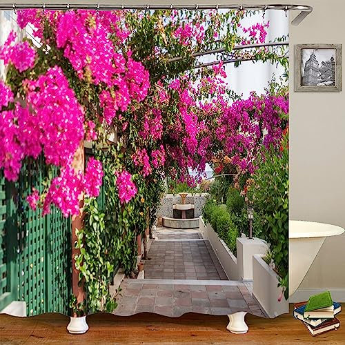 JIANGLANY Tenda da doccia da giardino con fiori e foglie viola su recinzione in legno, decorazione da giardino, tenda impermeabile per esterni, scenario naturale, set di accessori per il bagno (4, 180