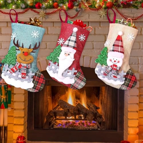 mizikuu 3 Stück Weihnachtsstrumpf, Nikolausstiefel zum Befüllen Nikolaussocke für Weihnachtsdeko Weihnachtssocken Geschenktüte Hängende für Kamin, Weihnachtsbaum, Wand, Treppe