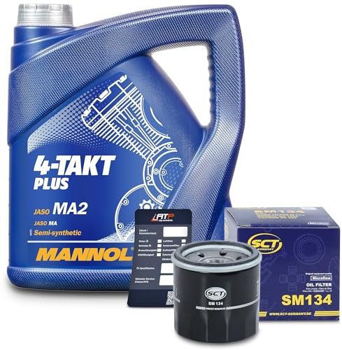 BESTPRICE Inspektionspaket Filterset mit 1x SCT Ölfilter; 4l Motoröl 10W-40 MANNOL 4-TAKT PLUS; 1x Ölwechsel-Anhänger Kompatibel mit