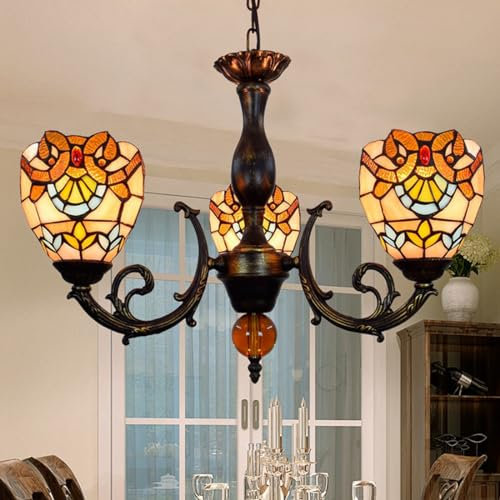 E27 Esstisch Pendellampe Vintage Barock Tiffany Runde Bunt Glas Esszimmer-lampe Kronleuchter Antik Wohnzimmerlampe Büro Hängeleuchte Rustikal LED Deckenbeleuchtung 3-flammig, Höhenverstellbar, Ø52cm