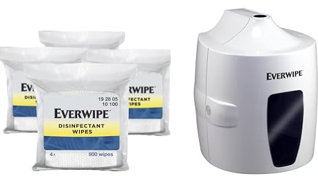 Tork Everwipe Disinfectant Wipe Jumbo Rolls White, Cleans and Deodorizes, 4 x 800 wipes, 192805 (10100) + Tork Everwipe Centerfeed Wet Wipe Dispenser White, Wall Mounted, 192810 (10-DISP)