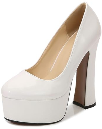14CM / 5.51IN Zapatos de tacón Grueso para Mujer Zapatos de Plataforma Zapatos de tacón de Bloque de Punta Cerrada Vestido Tacón Alto Fiesta de Bodas Oficina Zapatos de tacón Alto,Blanco,44 EU