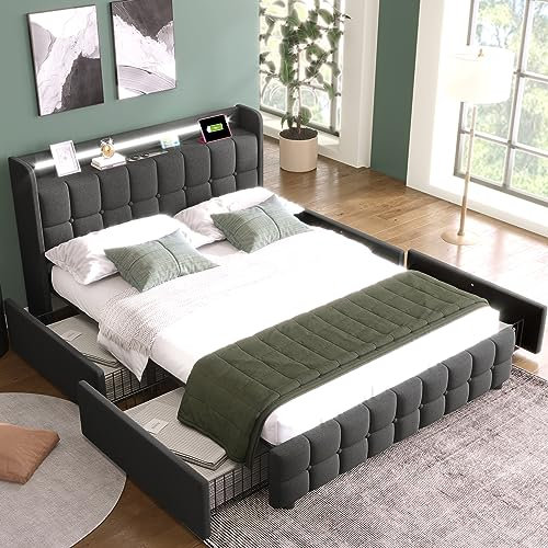 Polsterbett 140x200, Doppelbett mit 4 Schubladen und Lattenrost, Kopfteil mit USB-Ladefunktion und LED-Beleuchtung, Stauraumbett Funktionsbett Jugendbett Rückenlehne Bettgestell, Grau, Ohne Matratze