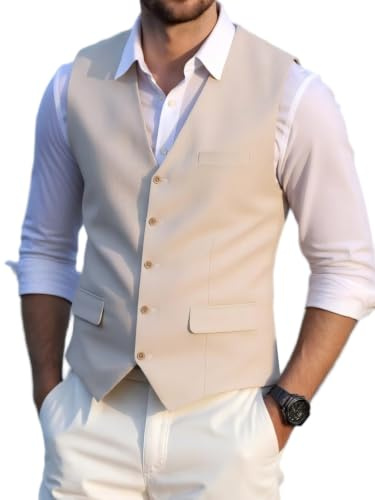 Solovedress Herren Elegant Anzugweste Herrenwesten Sommer Leinen Weste für Hochzeit und Party