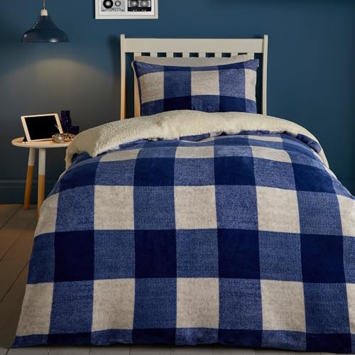 Bedlam Blue Check Teddy Fleece Duvet Cover Set – Single Size (140x200cm) – Reversible Cosy Flannelette Bedding – Tartan Blue & White Winter Bedding – Warm & Washable – 1 Duvet Cover and 1 Pillowcase