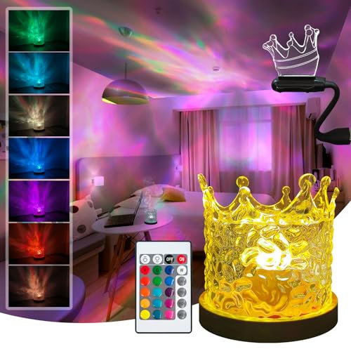 Masshomi Crown Desk Lamp Northern Light Ocean Wave Projector 16 Color Change Touch Remote Control USB Charge,Projective Illusion Night Light for Bedroom Nursery Living Bar Coffee Shop…