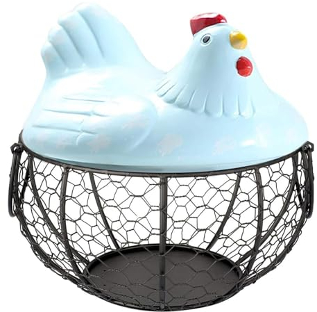 HYKJCSS Huevera Gallina Cesta del Almacenamiento del Huevo, Cesta De Cerámica del Huevo del Alambre De La Forma del Pollo, Organizador Lindo del Tenedor del Huevo con La Tapa Hueveras(Blue)