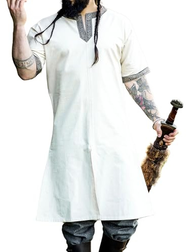 Leonardo Carbone® Kurzarm Tunika Richard - Mittelalter Kleidung Herren, Mittelalter Hemd, Freizeithemden Kurzarm, Karneval Kostüm Herren, Wikinger Tunika, LARP Kleidung - 100% Baumwolle Natur XL