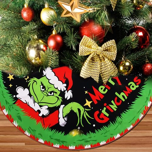 48 Inch Christmas Tree Skirt, Xmas tree skirt, Soft and Funny Farmhouse Holiday Decoration Black and Green Decoration for Xmas Party