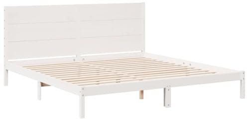 vidaXL Massivholzbett, Holzbett mit Kopfteil Lattenrost, Doppelbett für Schlafzimmer, Bett Bettgestell, Modern, Weiß 200x220cm Massivholz Kiefer