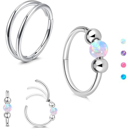 AVYRING 18G Weißer Opal Nasenring für Damen, 316L Chirurgenstahl Silber Clicker Nasenringe mit Scharnier, vielseitiger Septum-Piercingschmuck für Conch, Rook, Knorpel, Tragus und Helix Ohrringe, 10mm