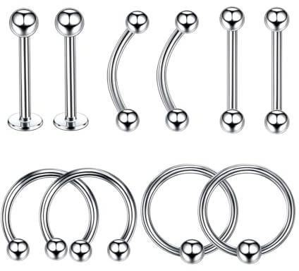 Tolldek 10Pcs Edelstahl Nasenringe, Silber 1.2MM C Hoop Hufeisen Barbell Nase Stud Set, Piercing Nostril, Lippen Ohr Nasen Piercing für Herren Damen