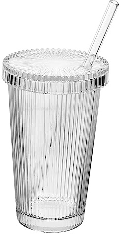 Cabilock Vaso De Vidrio con Pajita y Tapa Capacidad Grande Taza De Rayas Verticales para Agua Jugo y Café Vaso Transparente Duradero para Bebidas