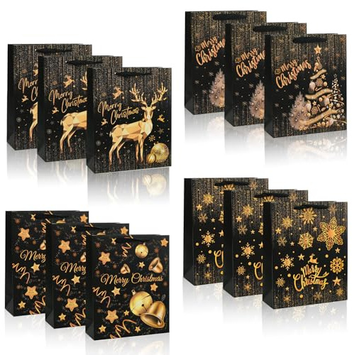 HYran Geschenktüten Weihnachten, 12 Stück Weihnachtstüten, Papiertüten Weihnachten, Weihnachtstüten zum Befüllen, Weihnachtstüten Groß Klein, Weihnachtsgeschenktüten(Schwarz+Gold)