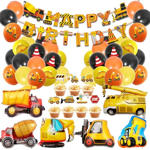 Geburtstag Deko Bagger Luftballons Kit - 50 Stück Happy Birthday Banner Kranwagen Zement Lkw Bagger Folienballons Tortendeko Für Dekoration Zum Baustelle Thema Dekor