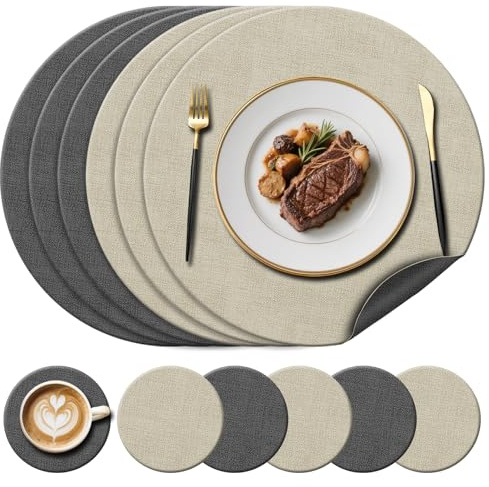 Kunstleder-Tischsets (38 cm) & Untersetzer (10 cm), Creme/Grau, 6er-Set | Beidseitig Runde Tischsets, hitzebeständig bis 212 °F, rutschfest & waschbar, für Glas-/Holz-/Marmortische, Garten im Freien