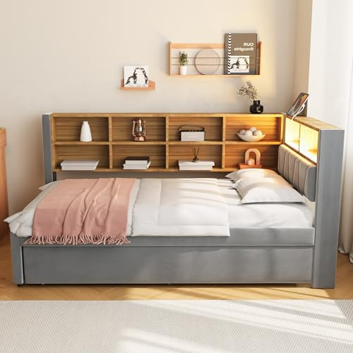 Lexiou Schlafsofa 90x200cm, Ausziehbett 90x190cm mit USB-Steckdose und vielen Staufächern, Polsterbett, Multifunktionsschlafsofa, Einzelbett (Dunkelgrau)