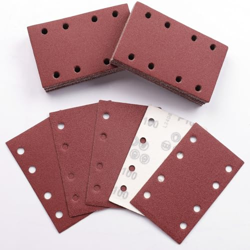 Sruhrak 50 Piezas 80x133mm Lijas para Lijadora, 100 Grano Rectangulares Papel de Lija 8 Agujeros Hojas de Lija para Rectangulares Lijadoras y Lijadora Orbital