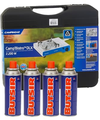 FYSHOP | Pack Camp Bistro DLX Combo Hornillo + 4 botes de gas | Potente hornillo de camping con 4 cartuchos de gas y maletín de transporte. Ideal para senderismo y camping