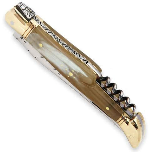Couteau Laguiole - Manche en corne blonde - avec tire-bouchon et mitres en laiton - pliant - fabrication française artisanale